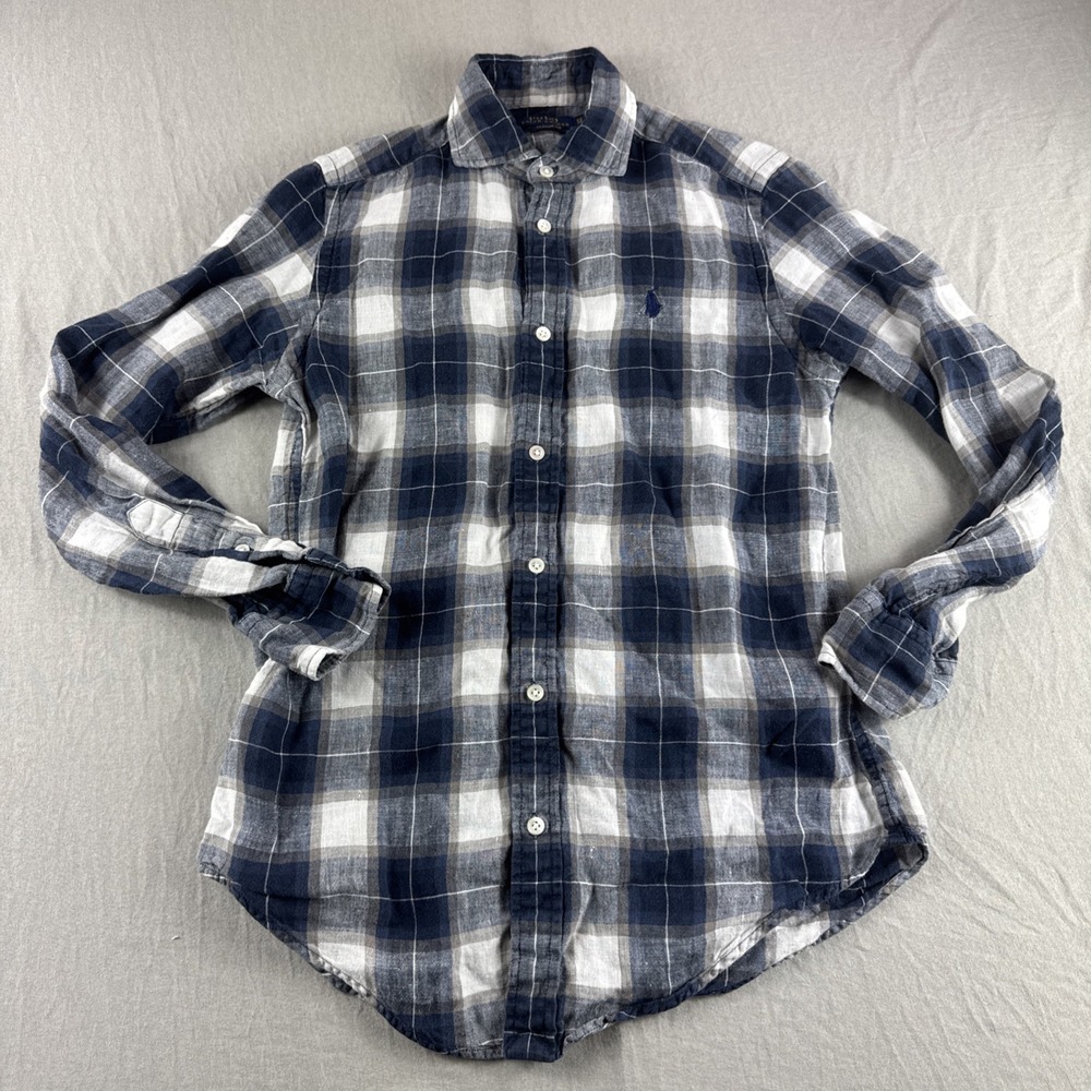 Polo Ralph Lauren Linen Shirt Mens XS Blue Plaid Long Sleeve Button Up Preppy